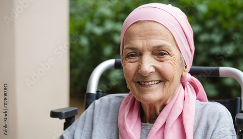 Portrait of an old woman with cancer is sitting in a wheelchair, smiling, Ai generated images