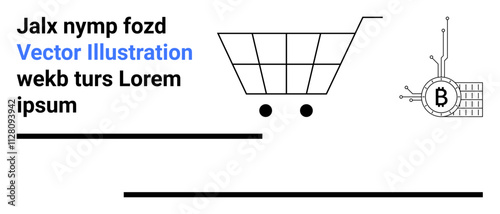 Shopping cart with two wheels, cryptocurrency symbol on circuit, black placeholder text lines. Ideal for e-commerce, fintech, blockchain projects, cryptocurrency, online shopping, web design, tech