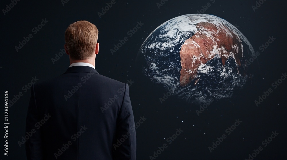 Business stock market futuristic concept. A businessman gazes at a globe, symbolizing global perspective and vision for the future. Business stock market futuristic concept. A businessman gazes at a globe, symbolizing global perspective and vision for the future.
