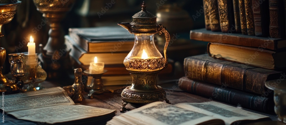 Antique oil lamp illuminates old books and candles on a wooden table. Antique oil lamp illuminates old books and candles on a wooden table.