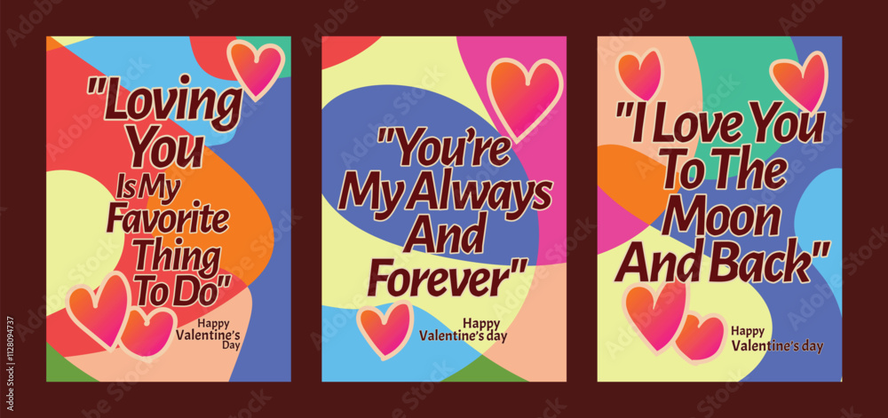 Set of 3 Minimalist Valentine Templates with Abstract Patterns. A set of Valentine’s Day greeting card with sample text, red hearts and abstract backgrounds templates vector illustration. Set of 3 Minimalist Valentine Templates with Abstract Patterns. A set of Valentine’s Day greeting card with sample text, red hearts and abstract backgrounds templates vector illustration.