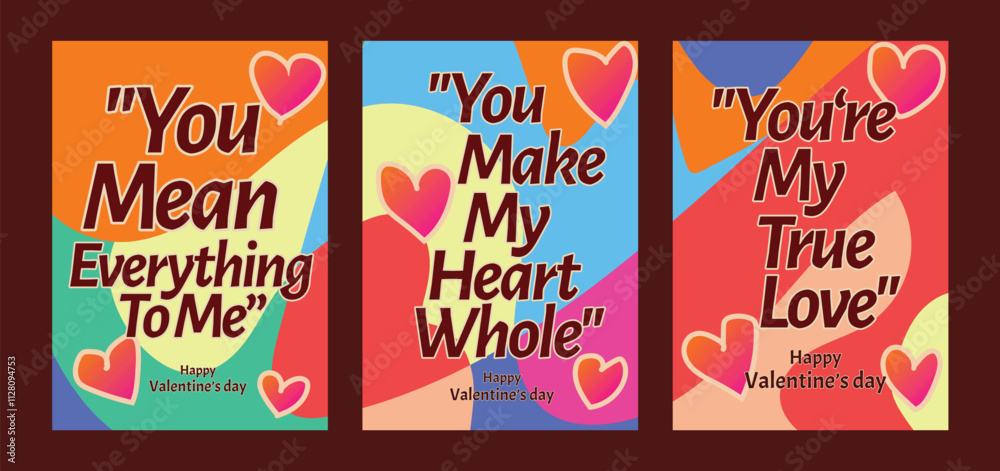 Set of 3 Minimalist Valentine Templates with Abstract Patterns. A set of Valentine’s Day greeting card with sample text, red hearts and abstract backgrounds templates vector illustration. Set of 3 Minimalist Valentine Templates with Abstract Patterns. A set of Valentine’s Day greeting card with sample text, red hearts and abstract backgrounds templates vector illustration.