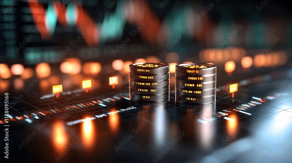 Business stock market futuristic concept. Stacks of coins on a digital trading platform with glowing indicators and graphs in the background. Business stock market futuristic concept. Stacks of coins on a digital trading platform with glowing indicators and graphs in the background.