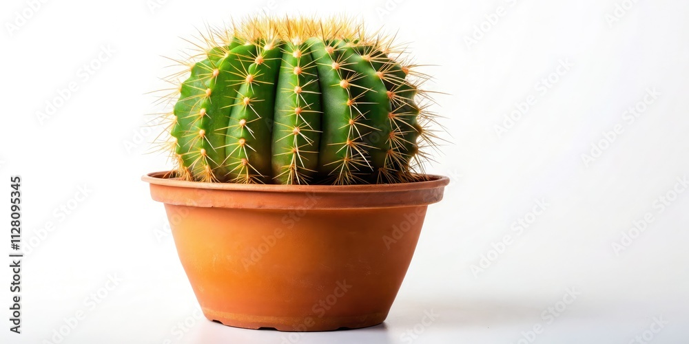 Isolated potted cactus, a desert succulent against a stark white backdrop. Ideal stock image. Isolated potted cactus, a desert succulent against a stark white backdrop. Ideal stock image.