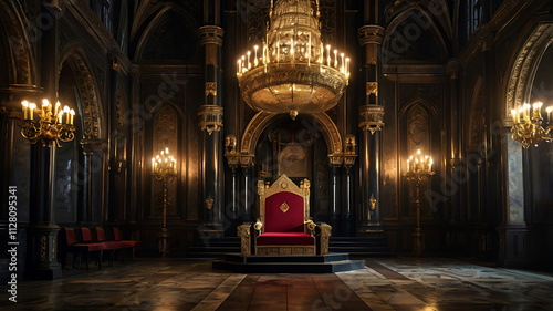 Decorated empty throne hall, majestic throne AI digital illustration photo