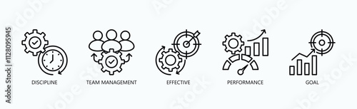 Key Elements Of Leadership And Team Success Icon Set Vector Illustration Concept With Icon Of Discipline, Team Management, Effective, Performance, Goal In Outline Style