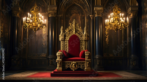 Decorated empty throne hall, majestic throne AI digital illustration photo