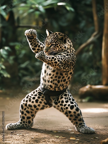 A dynamic leopard striking a playful pose in a lush jungle environment, showcasing its vibrant coat and agility. photo