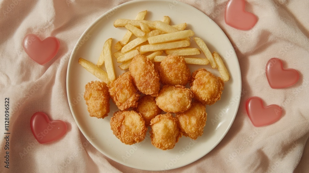 Cloth-covered plate of fried chicken bites and fries Cloth-covered plate of fried chicken bites and fries