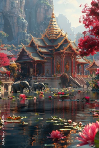 Majestic Asian Temple with Golden Spires and Vibrant Lotus Pond Amidst Dramatic Mountain Scenery and Graceful Elephantstemple