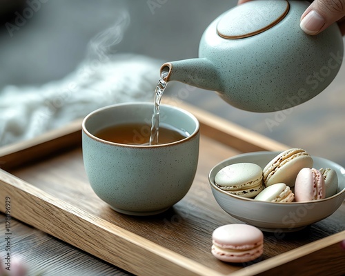 Meditation Pouring tea into a cup with macarons. photo