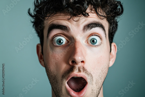 Man with a surprised expression and raised eyebrows, creating a dramatic look photo