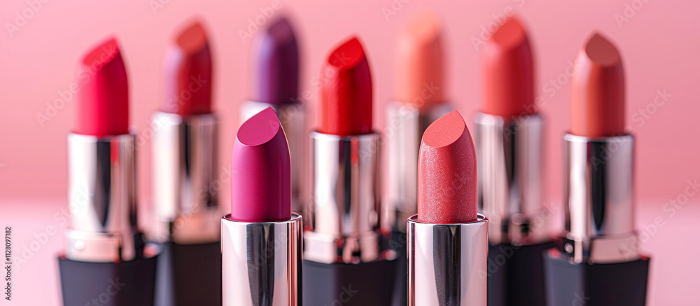 A stylish display of matte lipsticks in raspberry, coral, and blush colors against a light pink background. The focus is on the vibrant, decorative cosmetics A stylish display of matte lipsticks in raspberry, coral, and blush colors against a light pink background. The focus is on the vibrant, decorative cosmetics