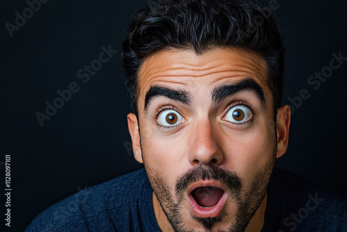 Man with a surprised expression and raised eyebrows, creating a dramatic look photo