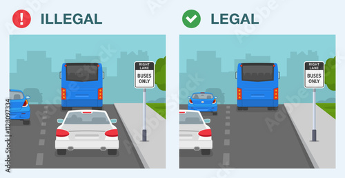 Safe driving tips and traffic regulation rules. Legal and illegal driving. Right lane for buses only. Back view of a traffic flow on a two lane street. Flat vector illustration template.