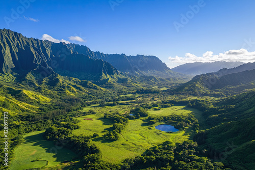 Aerial view of a lush green valley surrounded by towering mountains under a clear blue sky photo