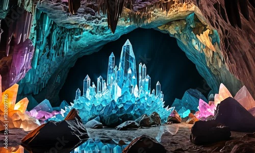 A cave with a blue crystal structure in the middle photo