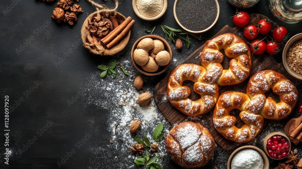 Fresh pretzels with toppings. Fresh pretzels with toppings.