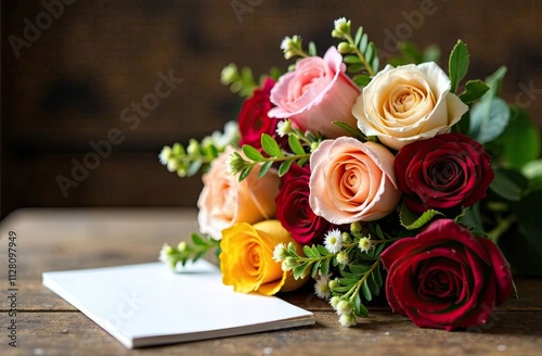 Romantic bouquet of roses placed next to a blank card on a wooden table. Perfect for birthday, valentine's day, mother's day, wedding