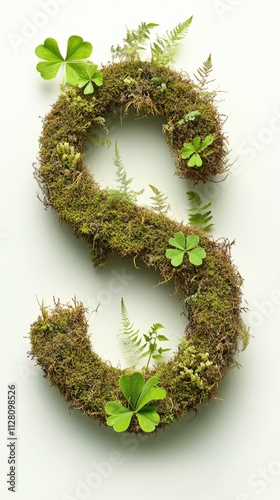 Moss-covered dollar sign with ferns and clovers on light background