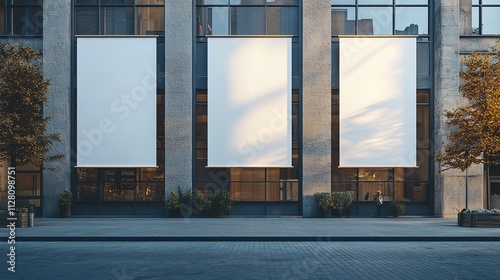 Fototapeta Naklejka Na Ścianę i Meble -  Blank white vertical banners on building facade design lockup Store flags mock up on the street Outdoor banners template on the side of the shop exterior Three signs hanging , HD image,
