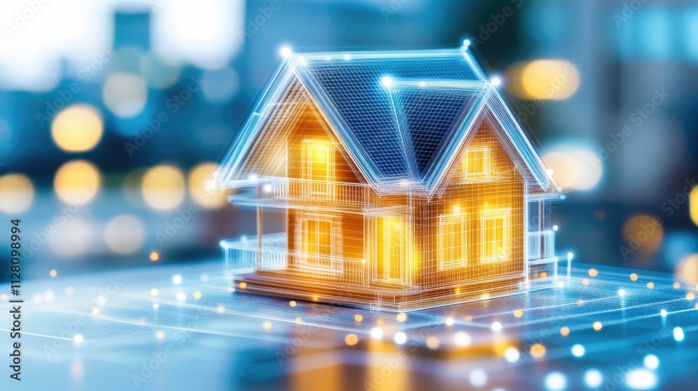 Futuristic ai powered smart home wireframe hologram concept
