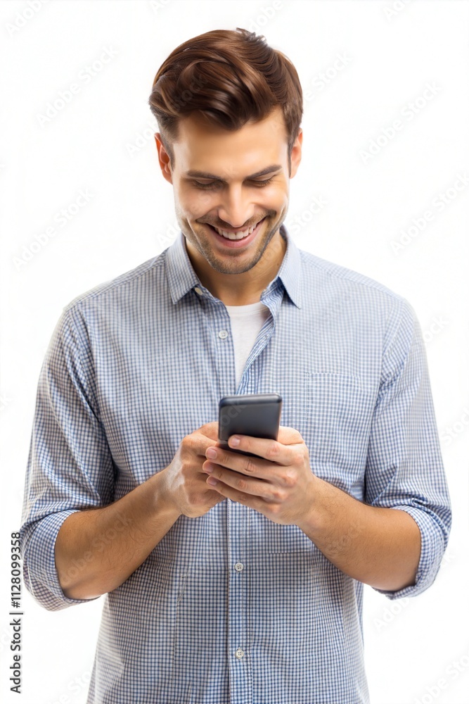 A smiling young man standing using smartphone against white background, looking at phone screen A smiling young man standing using smartphone against white background, looking at phone screen