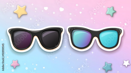 Stylish Sunglasses on a Pastel Background with Stars and Sparkles, Perfect for Fashion, Summer and Vacation Themed Designs and Illustrations