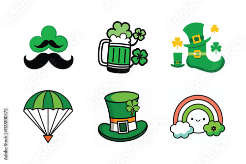 ST Patricks day set vector art. ST Patrick day vector item green hat, beer, leprechaun, rainbow.