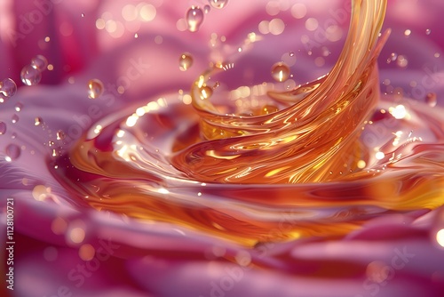 Liquid Gold Swirling in Mesmerizing Patterns with Iridescent Highlights and Soft Pink Background, Captured in Vivid High DetailSwirl