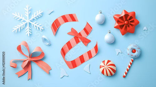 Festive Celebration Elements with Colorful Ribbons, Ornaments, and Candy on a Soft Blue Background for Holiday Season Decorations and Gifts