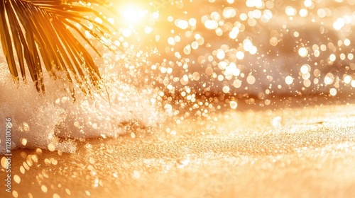 Golden beach sunset with palm leaf and sparkling water. Perfect for summer, travel, and luxury product promotions.