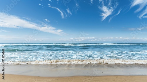 Beautiful Sandy Beach with Soft Blue Ocean Wave, Golden Sand, Gentle Ripple, Ideal Place for Relaxation and Enjoying the Seaside Scenery.