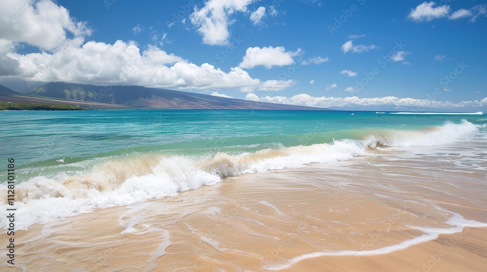 Beautiful Sandy Beach with Soft Blue Ocean Wave, Golden Sand, Gentle Ripple, Ideal Place for Relaxation and Enjoying the Seaside Scenery. Beautiful Sandy Beach with Soft Blue Ocean Wave, Golden Sand, Gentle Ripple, Ideal Place for Relaxation and Enjoying the Seaside Scenery.