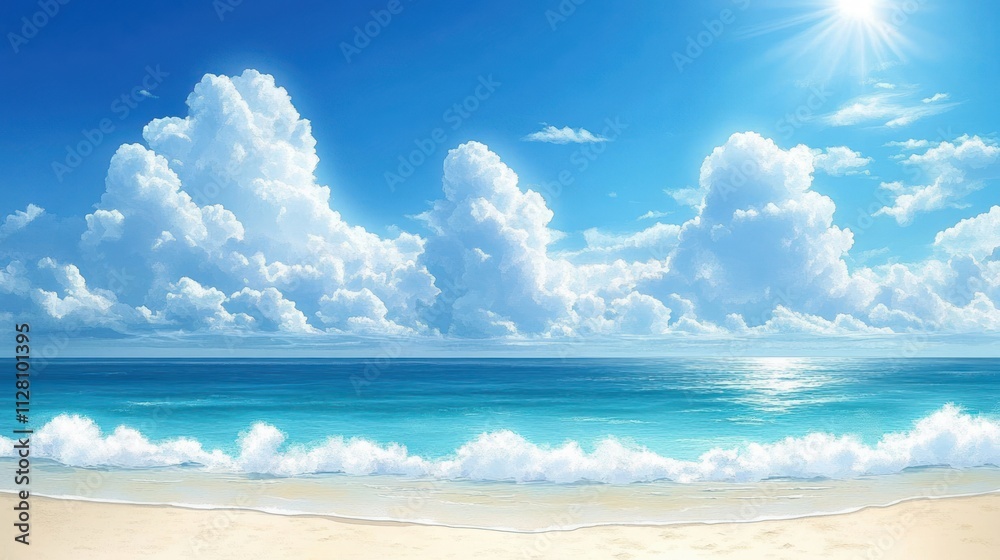 Tropical Beach Summer Scene with Turquoise Sea and Fluffy Clouds Tropical Beach Summer Scene with Turquoise Sea and Fluffy Clouds