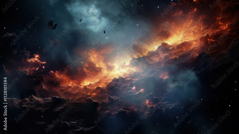 Fiery Cosmic Landscape With Floating Rocks And Nebulae Fiery Cosmic Landscape With Floating Rocks And Nebulae