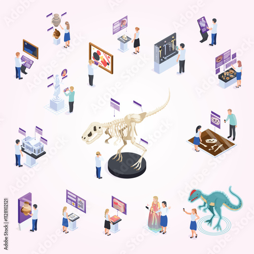 Modern museum exhibit interactive digital content isometric icons set with dinosaur skeleton virtual reality images vector illustration