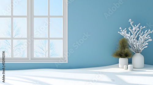 Bright and Peaceful Winter Interior with Blue Wall, Minimalist Decor, Snowy Window View, and Elegant Plant Arrangements for Cozy Atmosphere