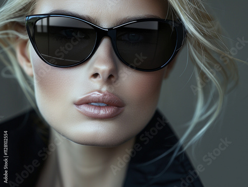 Gorgeous blonde fashion model wearing black sunglasses, contrasted by a smooth black blur background. The image captures modern fashion allure