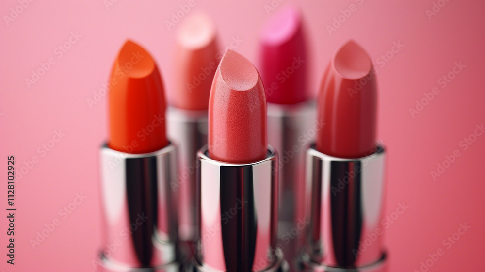 Matte lipsticks in shades of coral, peach, and raspberry set against a delicate pink background. The close-up captures the elegance and texture of the cosmetics Matte lipsticks in shades of coral, peach, and raspberry set against a delicate pink background. The close-up captures the elegance and texture of the cosmetics
