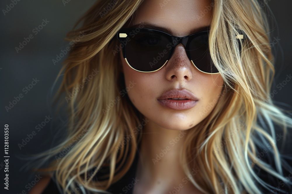 Portrait of a stunning blonde fashion model in chic black sunglasses, set against a sleek black blur background. The image is stylish and modern Portrait of a stunning blonde fashion model in chic black sunglasses, set against a sleek black blur background. The image is stylish and modern