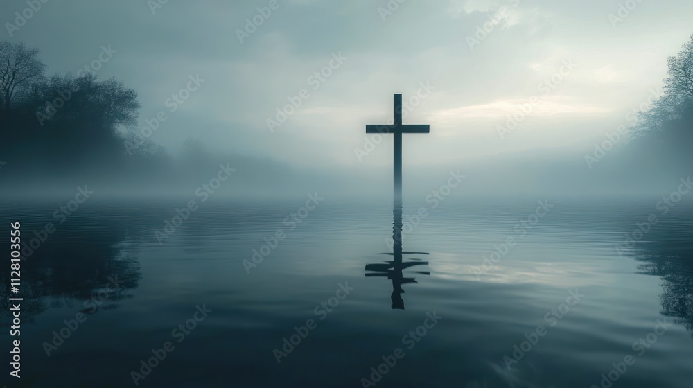 Serene Cross Reflection in Misty Landscape Over Calm Water Serene Cross Reflection in Misty Landscape Over Calm Water