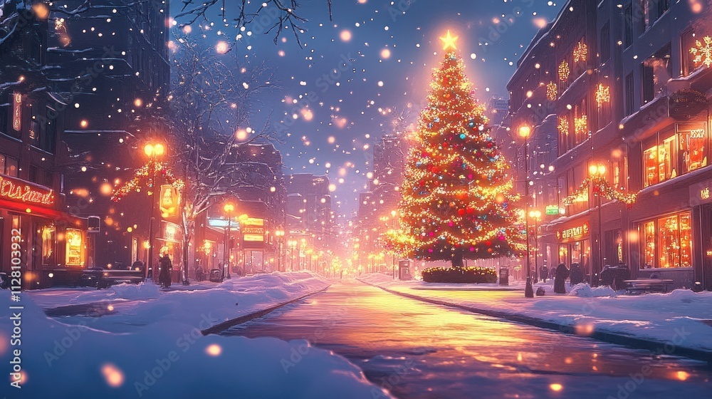 Christmas Street Scene with Illuminated Christmas Tree and Snowfall Christmas Street Scene with Illuminated Christmas Tree and Snowfall