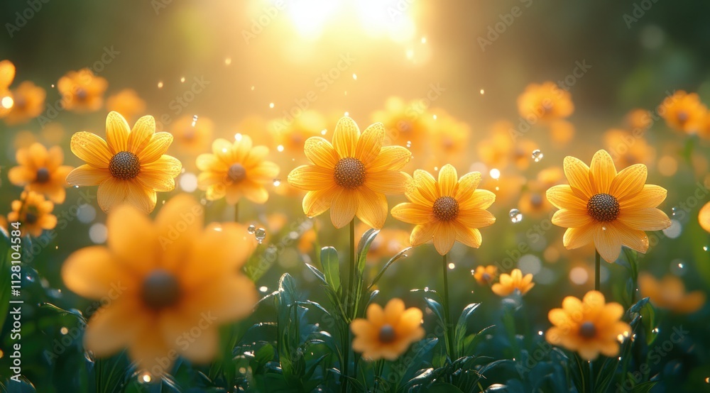 Serene spring meadow with vibrant yellow flowers and lush green grass under a dreamy blue sky Serene spring meadow with vibrant yellow flowers and lush green grass under a dreamy blue sky