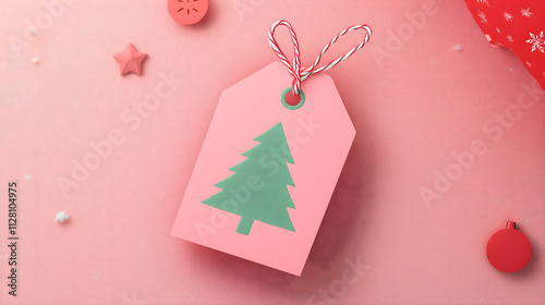 Decorative Pink Christmas Gift Tag with Green Tree Illustration, Craft Paper Elements, and Festive Accents on a Soft Background for Holiday Celebrations and Gift Wrapping