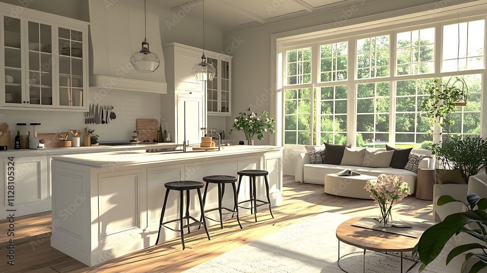 Obraz premium A white kitchen with an island barstools