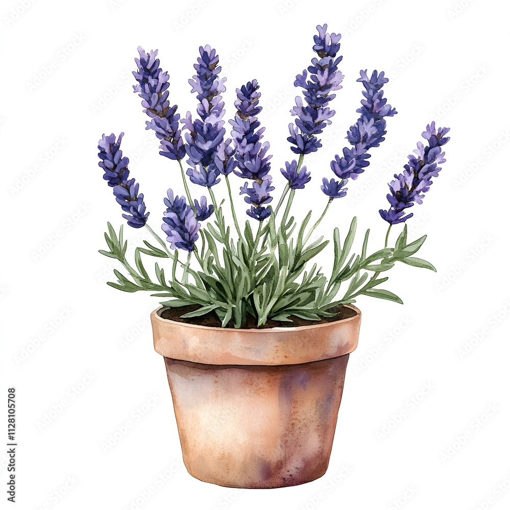 Obraz premium Lavender in Terracotta Pot: Watercolor illustration of a vibrant lavender plant in a rustic terracotta pot, capturing the essence of tranquility and natural beauty. 
