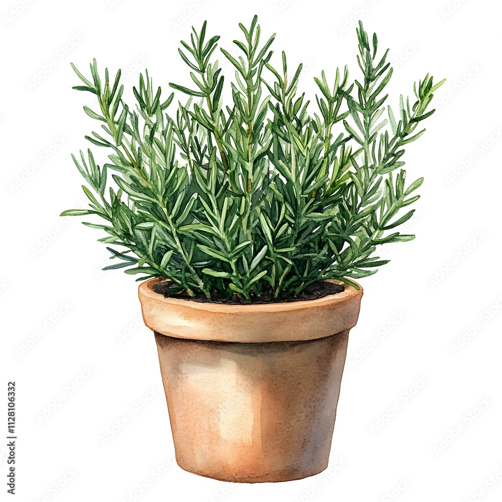 Rosemary Herb in Pot: A vibrant watercolor illustration of a rosemary plant thriving in a terracotta pot, perfect for adding a touch of nature and culinary inspiration to your designs. Rosemary Herb in Pot: A vibrant watercolor illustration of a rosemary plant thriving in a terracotta pot, perfect for adding a touch of nature and culinary inspiration to your designs.