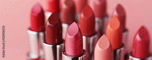 A chic arrangement of matte lipsticks in red, pink, and peach hues on a soft pink background. The image highlights the beauty and detail of the decorative cosmetics