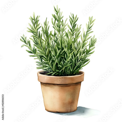 Rosemary in Terracotta Pot: Watercolor illustration of a vibrant rosemary plant thriving in a rustic terracotta pot, capturing the essence of fresh herbs and culinary delight.  photo